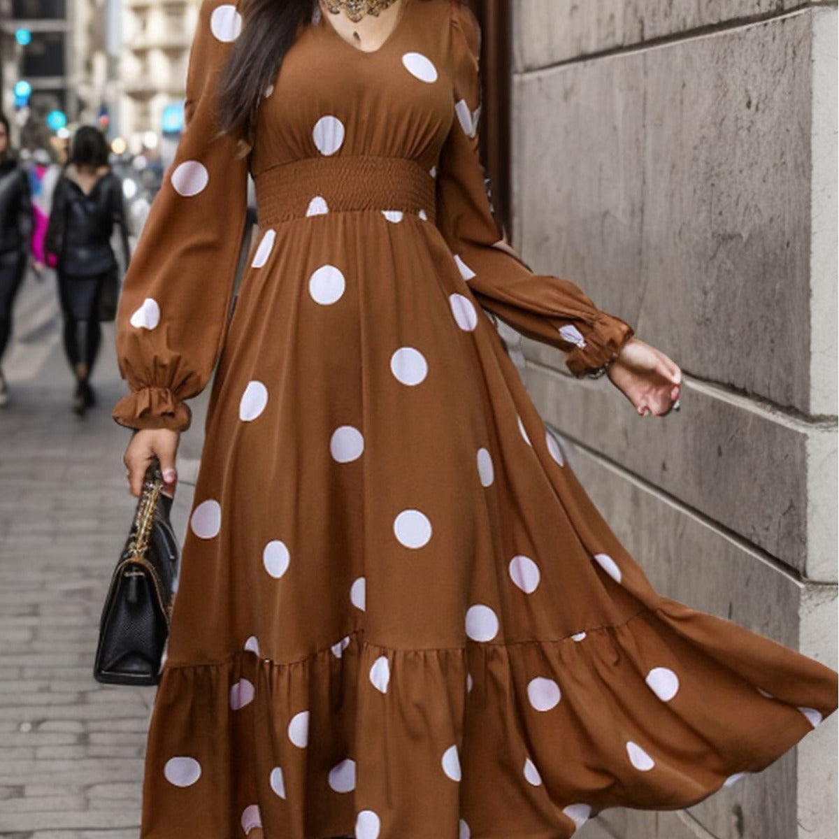 Wholesale Polyester Women's V Neck Polka Dot Print Long Sleeve Waist Midi Dress